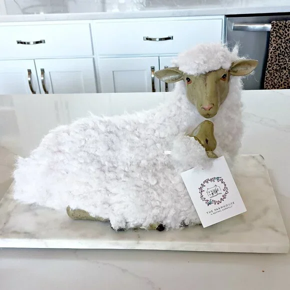 NEW! BOHO FARMHOUSE RESIN & FAUX FUR LARGE LAMB EWE DECOR - Picture 1 of 6